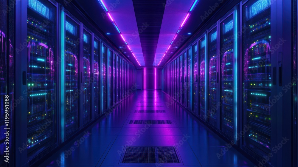 Neon-lit server room corridor. Neon-lit server room corridor.
