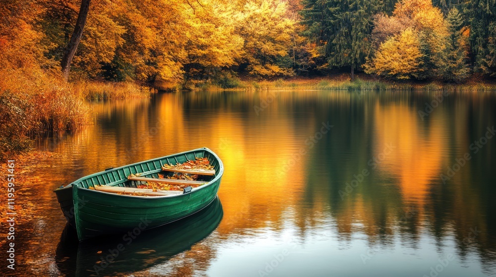 Autumnal Serenity: A Rowboat on a Calm Lake Autumnal Serenity: A Rowboat on a Calm Lake