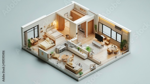 Isometric view of a modern apartment interior design, showcasing living room, bedroom, and kitchen areas.