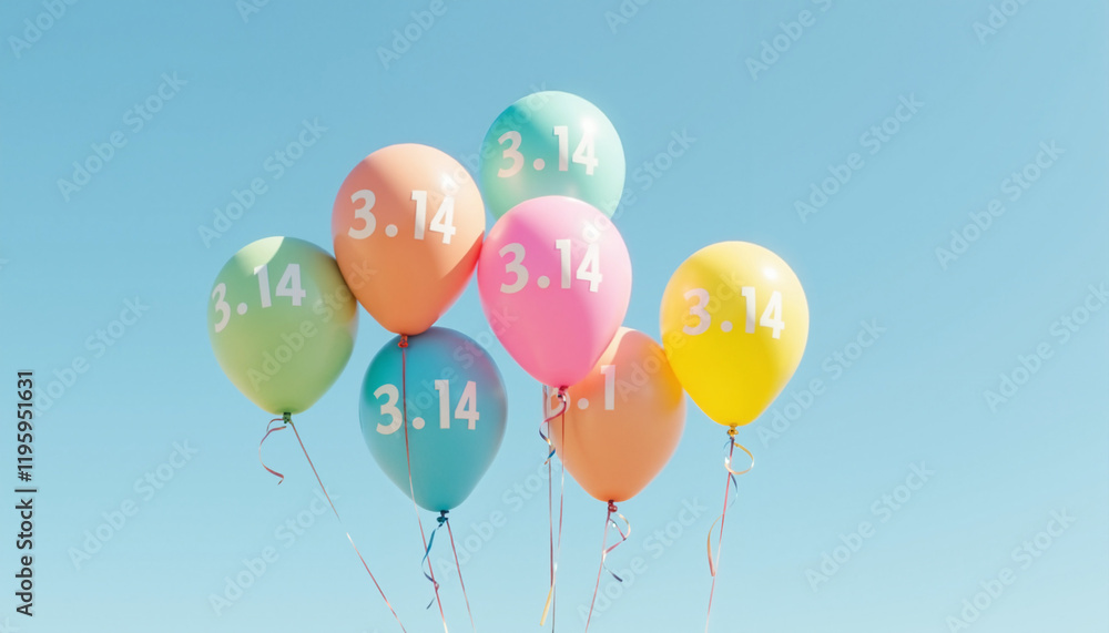 Colorful balloons with Pi numbers against a blue sky Colorful balloons with Pi numbers against a blue sky
