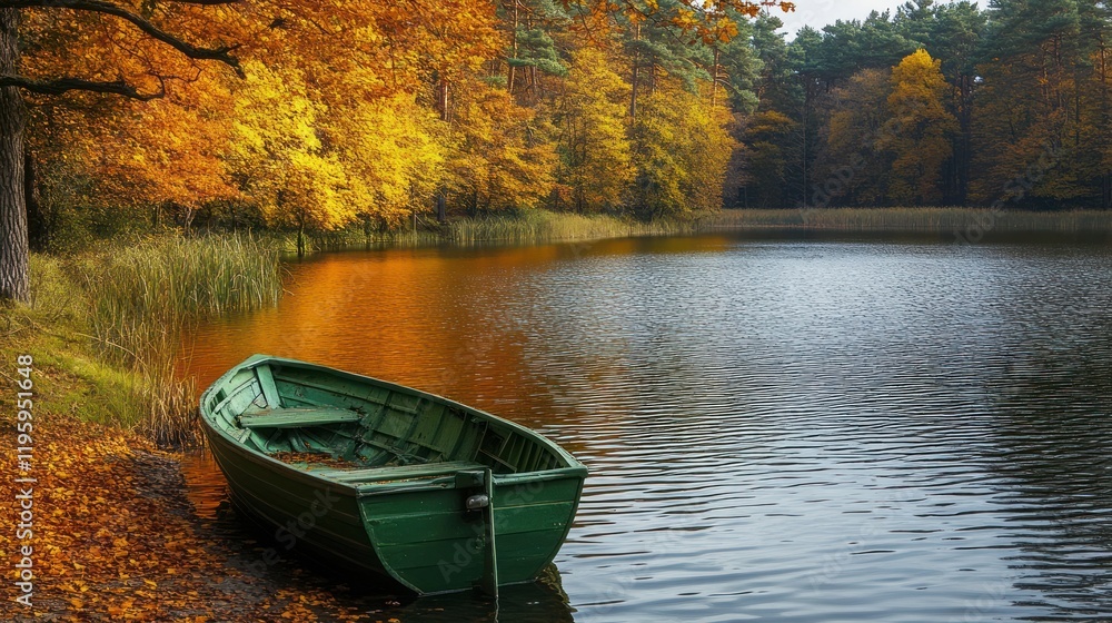 Autumnal Serenity: A Green Rowboat on a Calm Lake Surrounded by Golden Trees Autumnal Serenity: A Green Rowboat on a Calm Lake Surrounded by Golden Trees