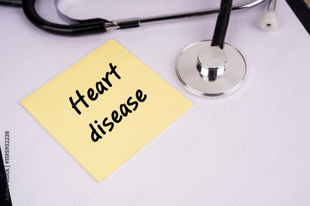 Stethoscope and yellow sticky note with word HEART DISEASE Stethoscope and yellow sticky note with word HEART DISEASE
