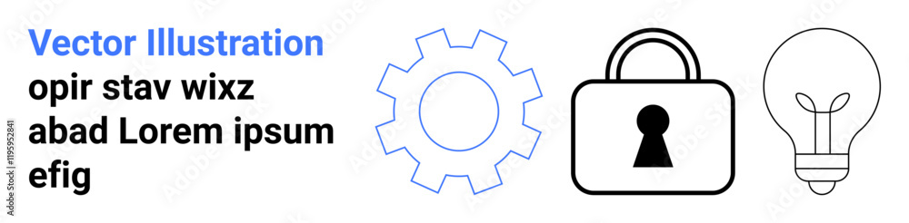 Blue text alongside a gear outline, black padlock with keyhole, and lightbulb on right. Ideal for technology, security, innovation, mechanics, encryption, idea generation technical documentation Blue text alongside a gear outline, black padlock with keyhole, and lightbulb on right. Ideal for technology, security, innovation, mechanics, encryption, idea generation technical documentation