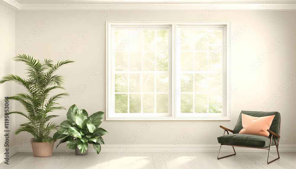 Fototapeta premium Serene living room with armchair, plants, and window view, ideal for home decor websites or interior design magazines