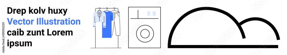 Washing machine next to a hanging blue shirt with a black abstract shape. Ideal for laundry services, home organization, cleaning, minimalism, modern design, eco-friendly living, educational Washing machine next to a hanging blue shirt with a black abstract shape. Ideal for laundry services, home organization, cleaning, minimalism, modern design, eco-friendly living, educational