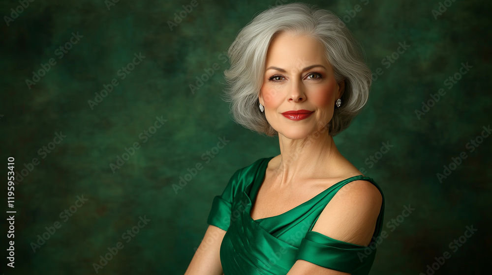 Naklejka premium Elegant Woman in Emerald Dress with French Twist Hairstyle