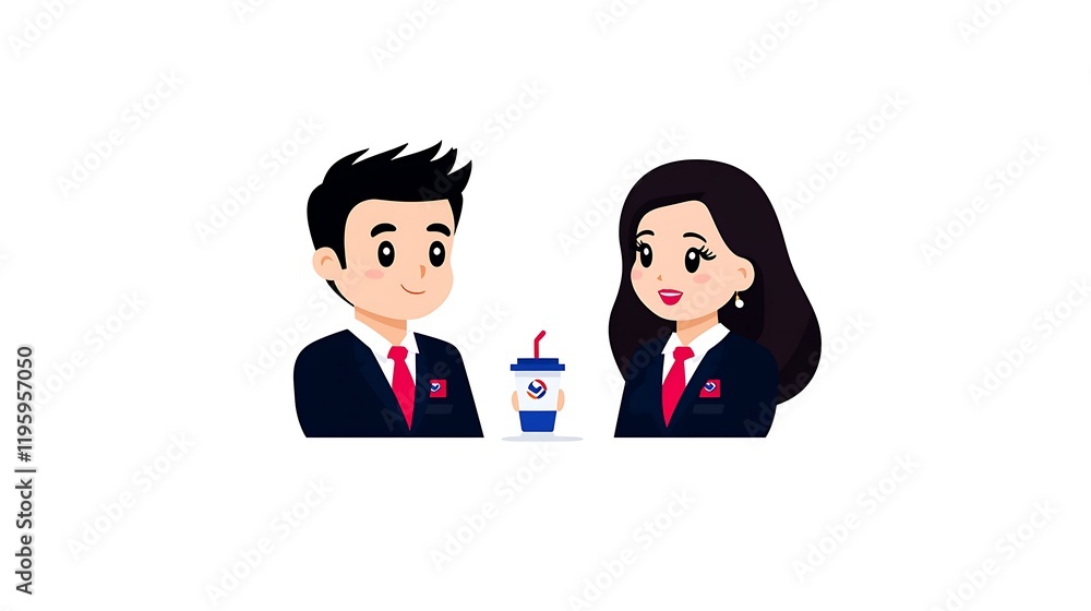 Two young business professionals having a conversation with a drink between them. Two young business professionals having a conversation with a drink between them.