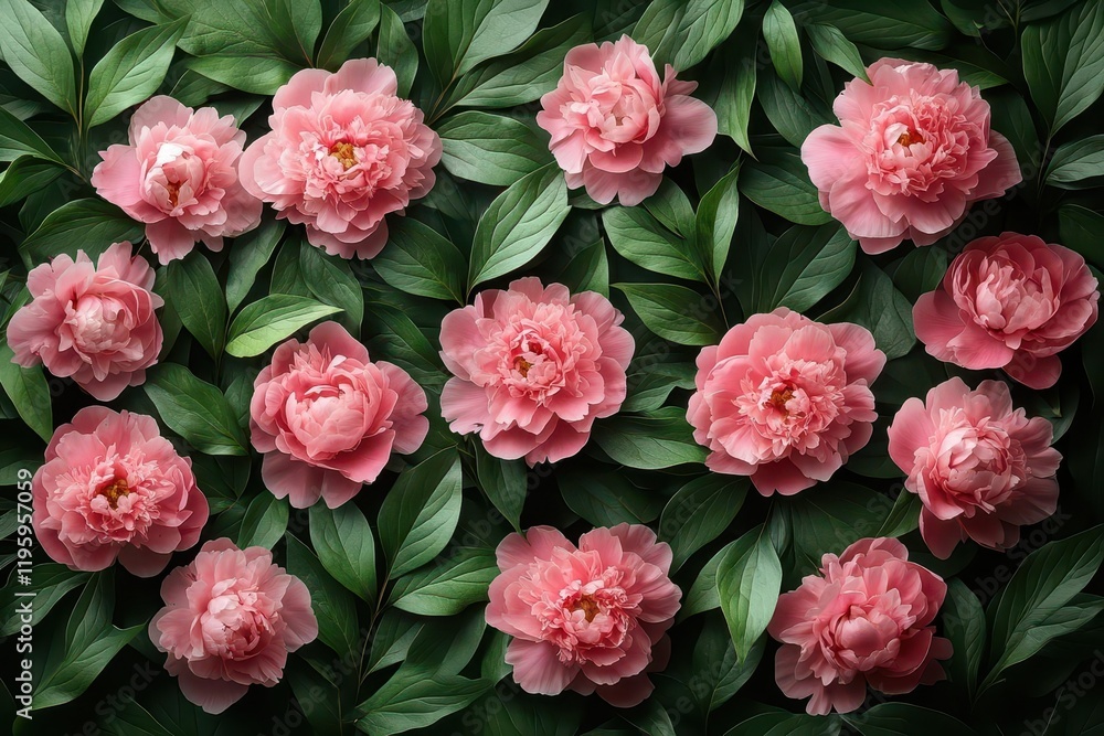 closeup of pink peonies arranged elegantly with lush dark green leaves creating a vivid floral pattern that exudes beauty and freshness closeup of pink peonies arranged elegantly with lush dark green leaves creating a vivid floral pattern that exudes beauty and freshness