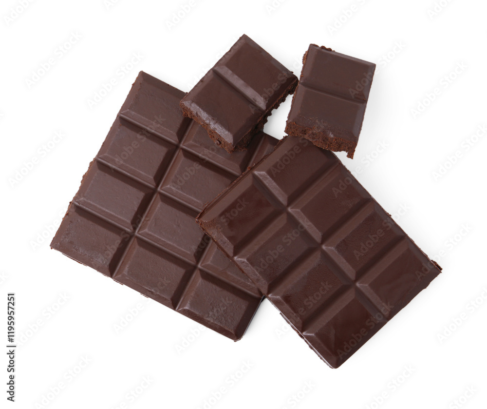 Pieces of delicious dark chocolate bar isolated on white, top view Pieces of delicious dark chocolate bar isolated on white, top view