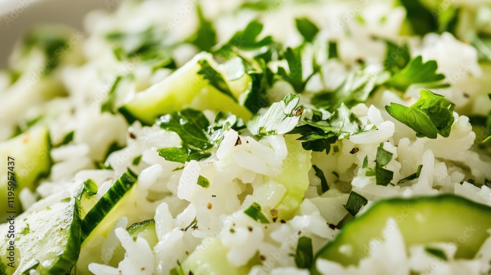 Close-up of rice with a fresh cucumber salad and yogurt dressing. Featuring a cool, refreshing cucumber salad with creamy yogurt. Emphasizing a light, healthy side dish. Ideal for salads. Close-up of rice with a fresh cucumber salad and yogurt dressing. Featuring a cool, refreshing cucumber salad with creamy yogurt. Emphasizing a light, healthy side dish. Ideal for salads.