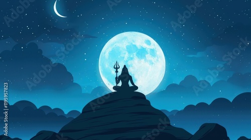 Celebrate Maha Shivratri with a serene illustration of the lingam and trident illuminated by a full moon. photo