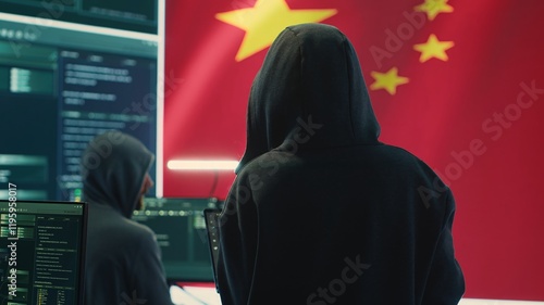 Photography Chinese hacker working in governmental hacking room with Chinese flag on a big screen