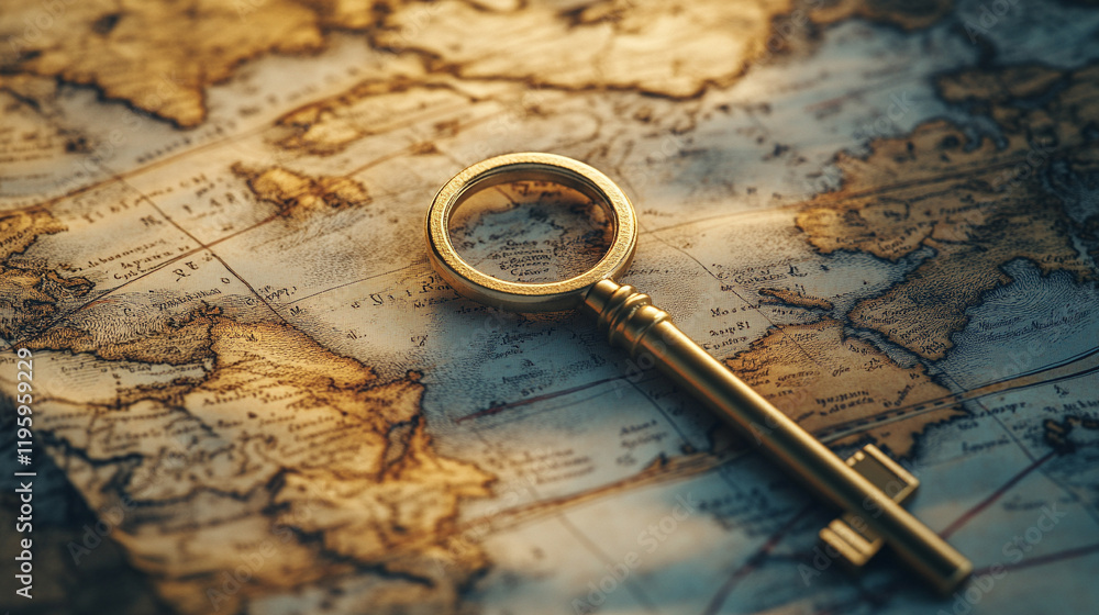 A sleek modern key resting on an open map symbolizing the unlocking of secrets and discoveries with an elegant gold, silver, and white tone emphasizing simplicity and clarity in a bright setting
A sleek modern key resting on an open map symbolizing the unlocking of secrets and discoveries with an elegant gold, silver, and white tone emphasizing simplicity and clarity in a bright setting