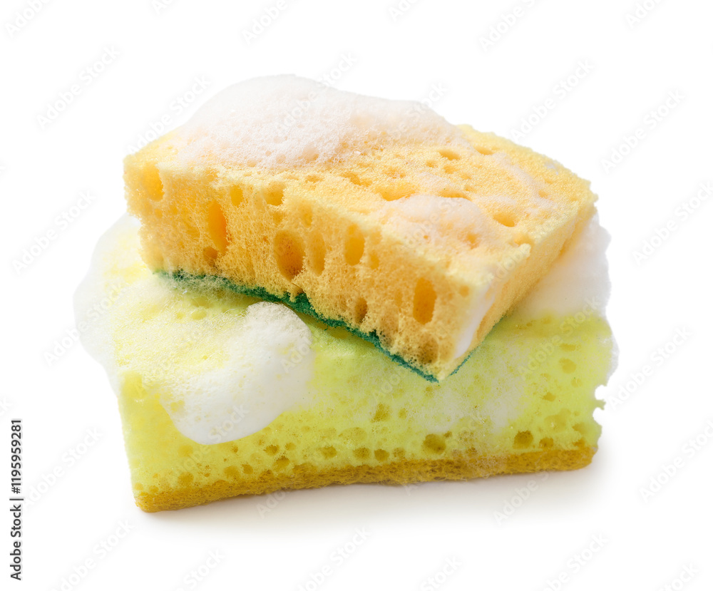 Yellow sponges and foam isolated on white. Cleaning tool Yellow sponges and foam isolated on white. Cleaning tool