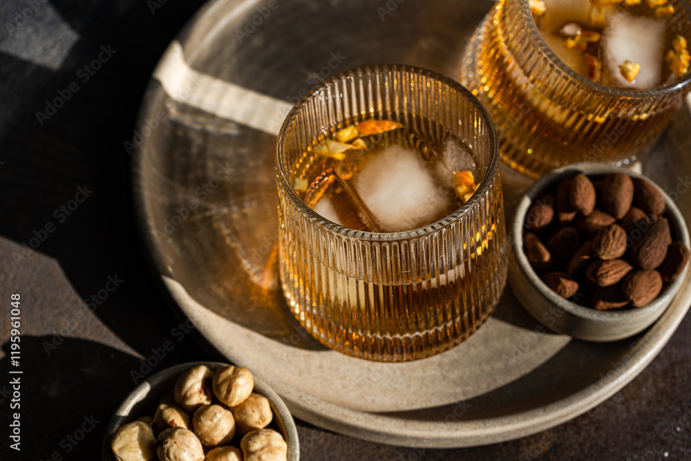Top view of a spiced cognac cocktail with nuts and cinnamon Top view of a spiced cognac cocktail with nuts and cinnamon