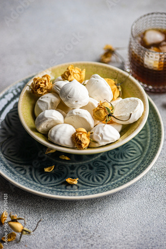 Homemade vanilla zephyr-marshmallow with rose jam and liqueur