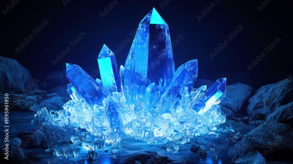 Obraz premium Glowing blue crystals cluster on dark surface.