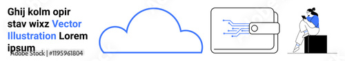Cloud icon, digital wallet with circuit design, person using mobile device. Ideal for technology, cloud services, digital payment, fintech, mobile apps user interaction modern lifestyle. Landing