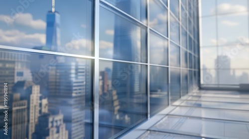 Modern Office Building with City Skyline Reflection.