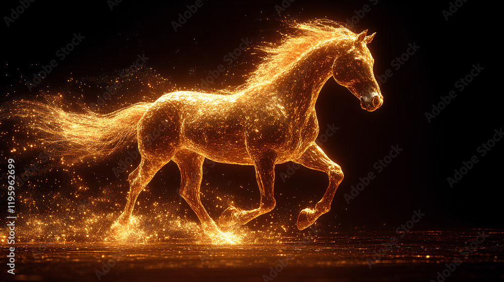 Fototapeta premium Simple stroke of golden horse illustration silhouette on red background, of Chinese new year, year of the horse