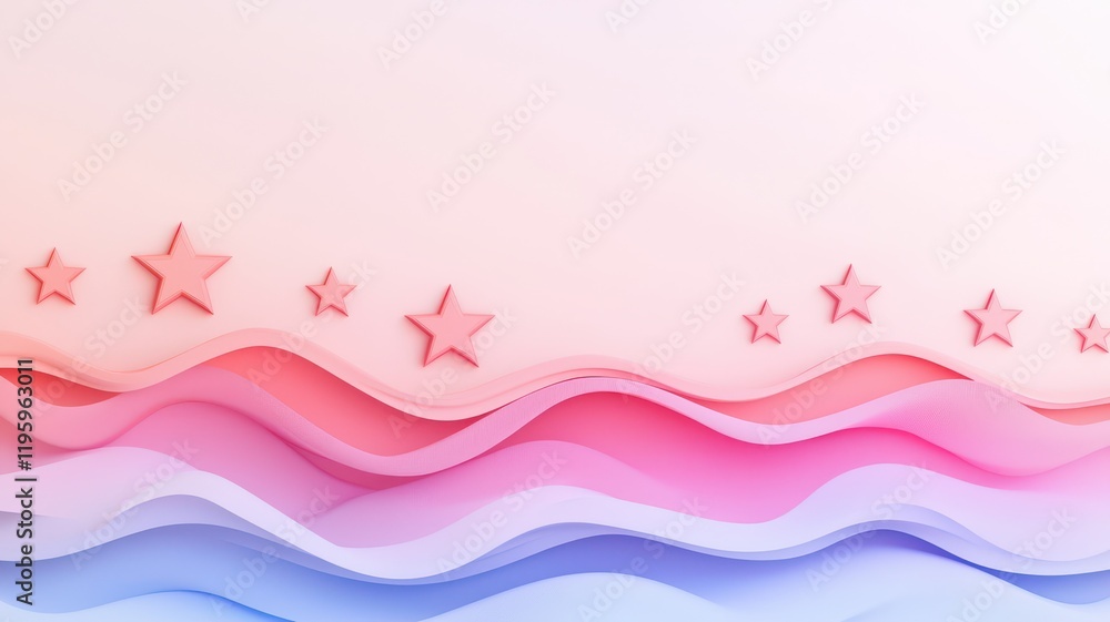 A soft gradient background featuring layered waves in pink and blue, adorned with small stars, creating a dreamy, whimsical effect.