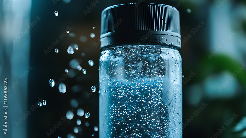 close up of sports drink bottle with bubbles and droplets, showcasing freshness and hydration close up of sports drink bottle with bubbles and droplets, showcasing freshness and hydration
