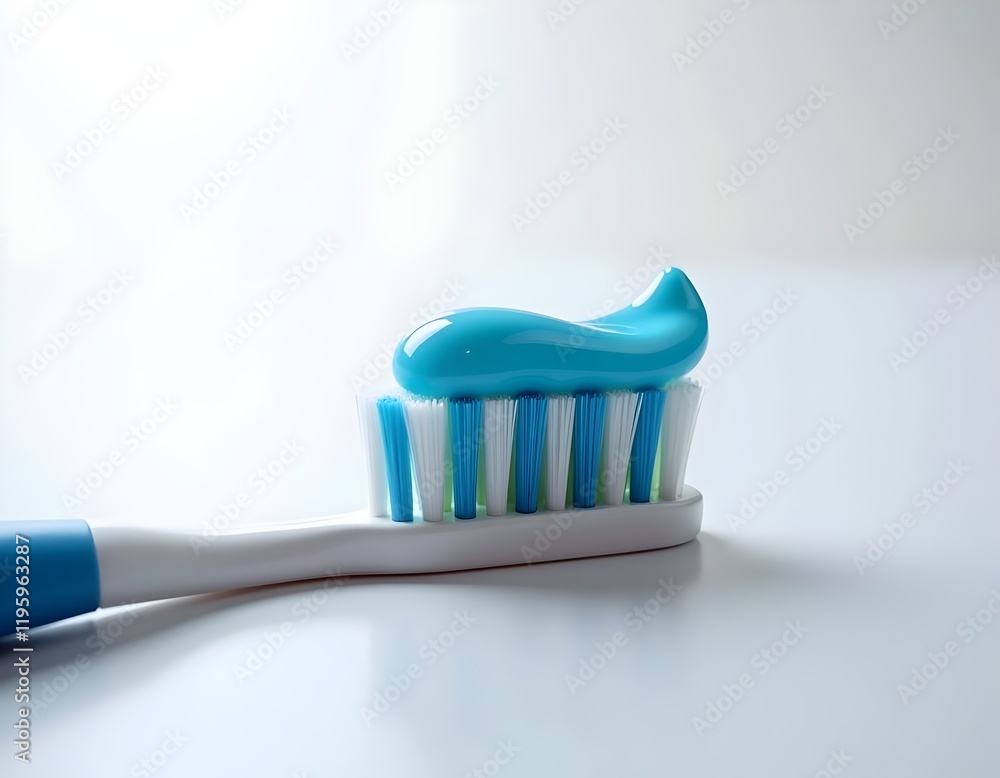 Sleek Toothbrush with Blue and White Toothpaste on a Minimal White Background Sleek Toothbrush with Blue and White Toothpaste on a Minimal White Background