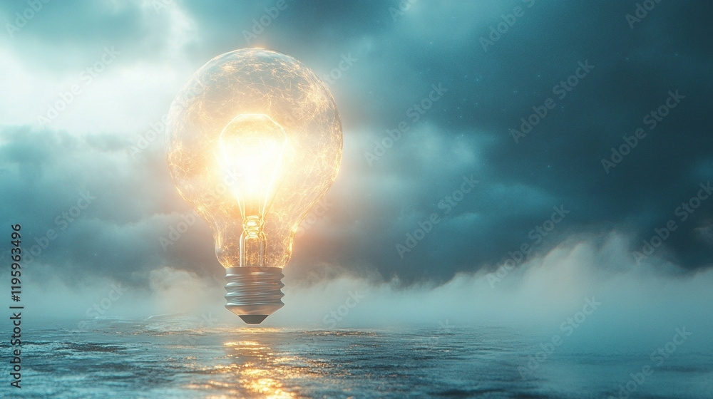 A tiny lightbulb floats delicately in a glass jar of water representing contained brilliance with a caption space to the side in soft gold, silver, and white tones capturing a sense of wonder and calm