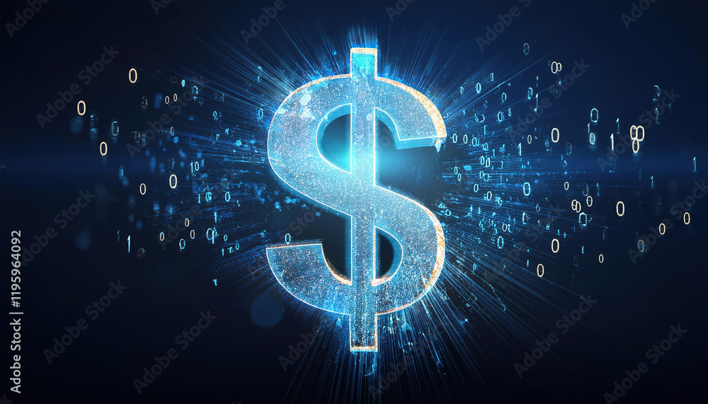 glowing dollar sign surrounded by binary code fragments, symbolizing digital finance and technology glowing dollar sign surrounded by binary code fragments, symbolizing digital finance and technology