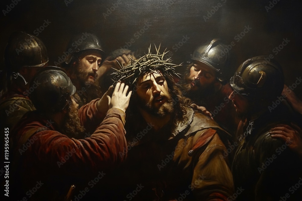 Fototapeta premium Dramatic depiction of Jesus with crown of thorns depicting Easter passion scene in classic artistic style. Oil painting stylization