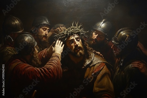  Dramatic depiction of Jesus with crown of thorns depicting Easter passion scene in classic artistic style. Oil painting stylization