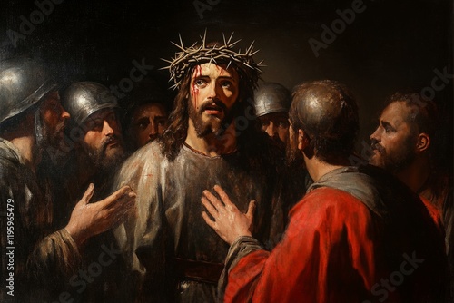  Dramatic depiction of Jesus wearing crown of thorns surrounded by soldiers, evoking Easter passion and sacrifice. Oil painting stylization