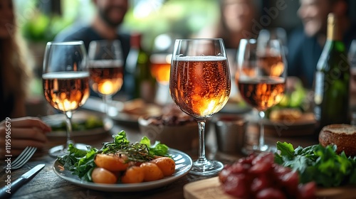 Close-up of ros? wine glasses on a table with friends enjoying a meal. photo