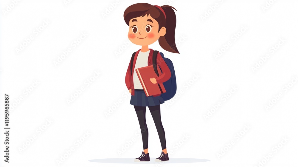 Cute Student Girl Cartoon with School Uniform Isolated on White Background for Back to School Concept Cute Student Girl Cartoon with School Uniform Isolated on White Background for Back to School Concept