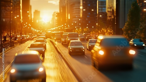 Urban traffic at sunset in busy city street photo