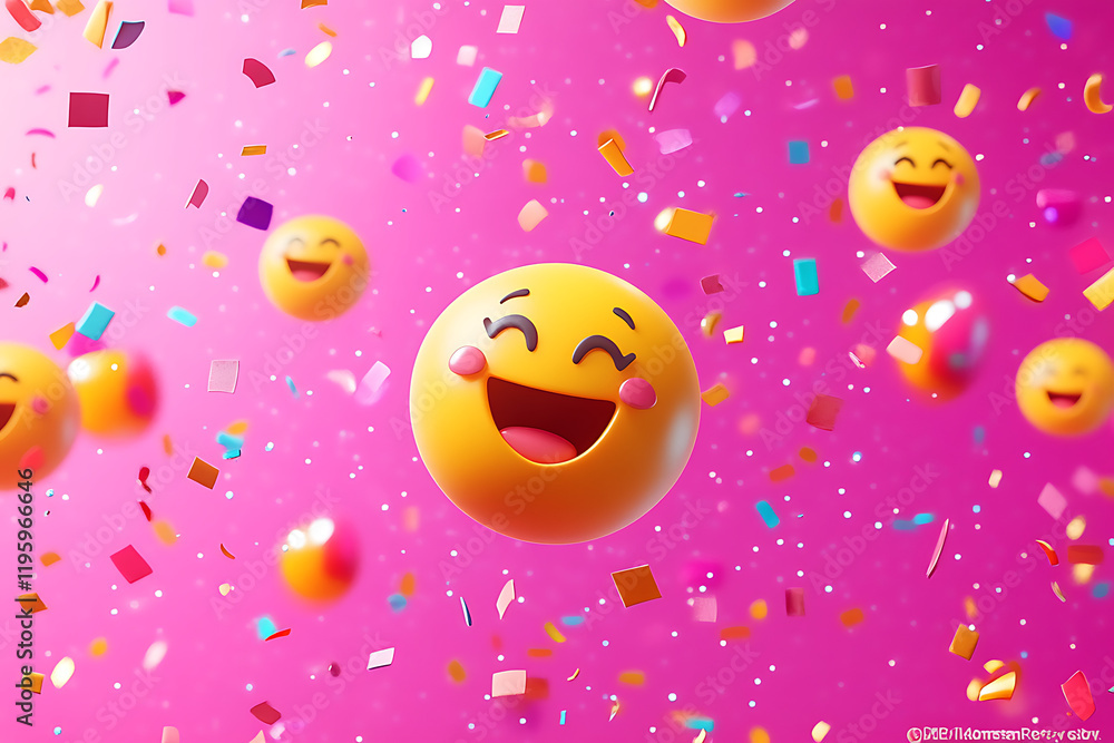 Colorful emojis with joyful expressions surrounded by confetti on a vibrant pink background. Colorful emojis with joyful expressions surrounded by confetti on a vibrant pink background.