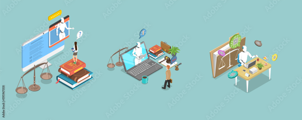 3D Isometric Flat Vector Illustration of AI and Law, Legal Services 3D Isometric Flat Vector Illustration of AI and Law, Legal Services