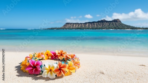 Wallpaper Mural Lei flower necklace intricately designed with vibrant plumeria and hibiscus, resting on a pristine sandy beach, Diamond Head State Monument in the distance, tropical vibe Torontodigital.ca