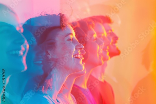 Vibrant group of happy young people smiling in colorful light