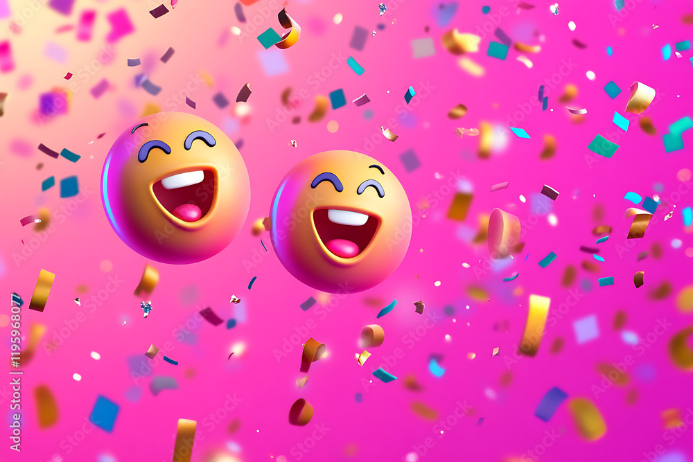 Two smiling emojis surrounded by colorful confetti on a vibrant background. Two smiling emojis surrounded by colorful confetti on a vibrant background.