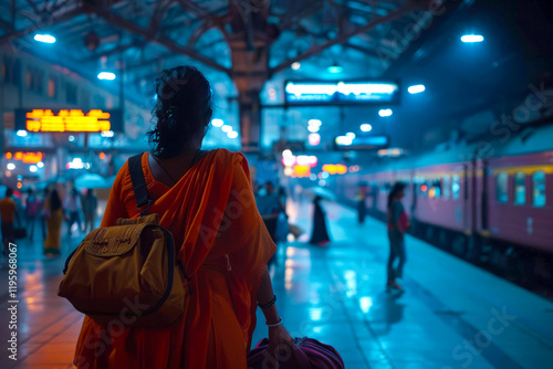 Amidst the chaos of a bustling train station, an Indian woman grapples with the complexities of travel logistics, her mind racing as she juggles timetables, tickets, and luggage
