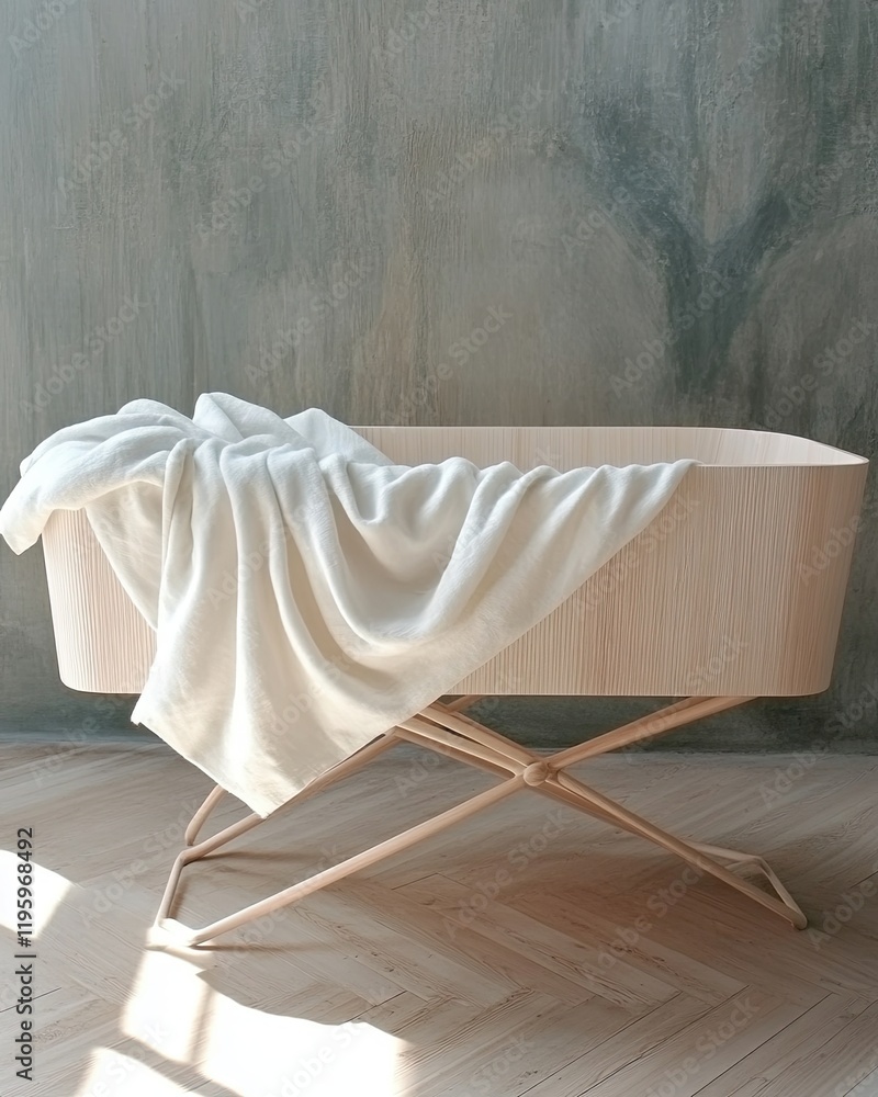 Minimalist Wooden Cradle With Soft White Blanket on Light Wooden Floor Creating a Serene Atmosphere Minimalist Wooden Cradle With Soft White Blanket on Light Wooden Floor Creating a Serene Atmosphere