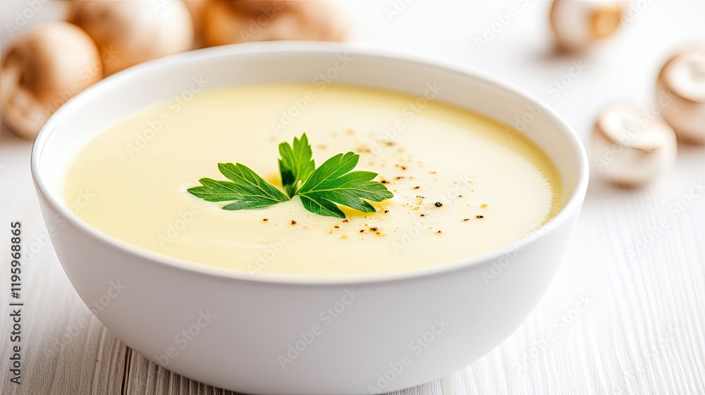 Creamy Mushroom Soup Served in a Minimalistic White Bowl on a Rustic Wooden Table Creamy Mushroom Soup Served in a Minimalistic White Bowl on a Rustic Wooden Table