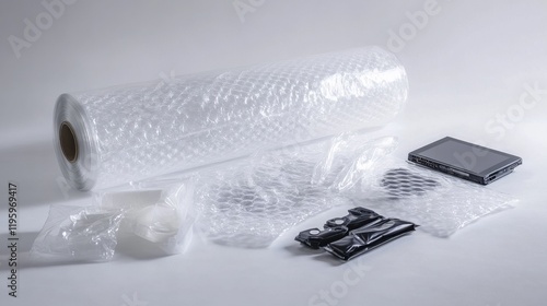 A roll of bubble wrap unfurled on a white surface, with various fragile items like glassware and electronics being prepared for shipping.
