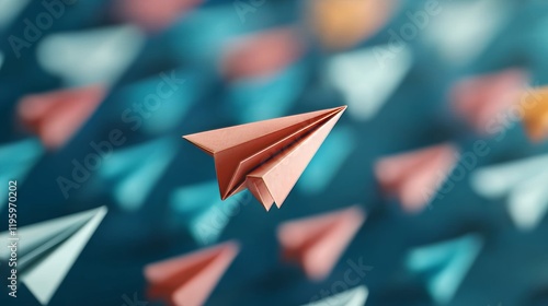 A blur shot of colorful paper airplanes in mid-flight, with one plane leading the group to symbolize competitive advantage and innovation
