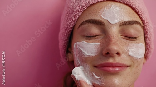 Peaceful Skincare Routine: Woman Applying Face Mask photo