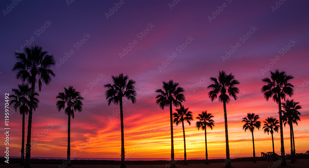 Obraz premium Vibrant Sunset Silhouette of Palm Trees on Tropical Beach
