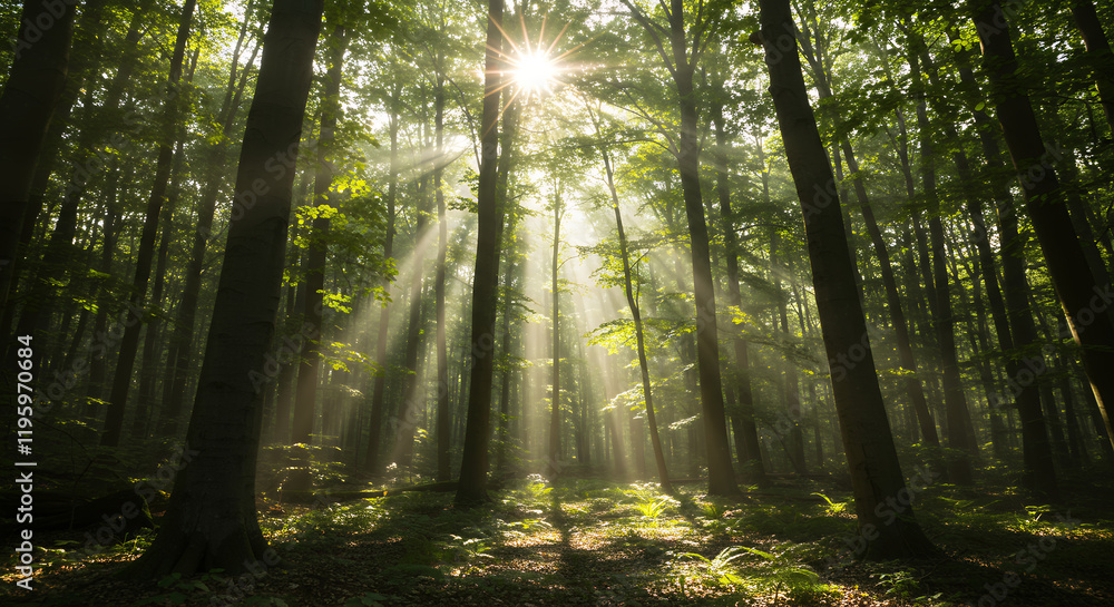 Obraz premium Sunbeams Streaming Through Misty Forest, Magical Sunlight in Green Woods