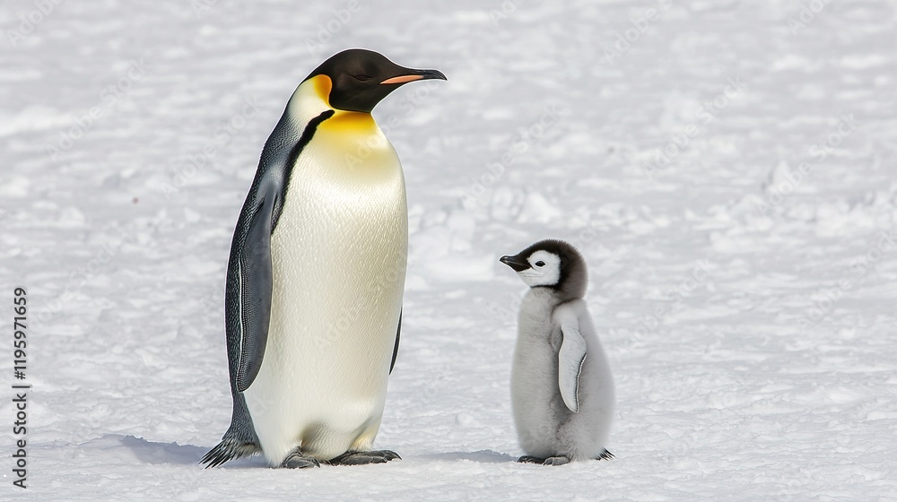 Obraz premium A young penguin chick being fed by its parent on a sunny day in Antarctica