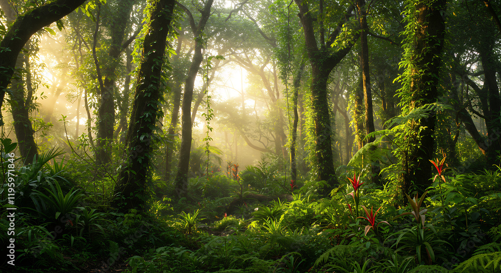Obraz premium Sunlit Rainforest Path: Lush Green Canopy, Fog, and Tropical Plants